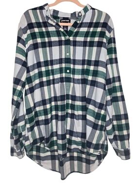 Lands' End blue and green plaid pintuck roll tab sleeve popover shirt